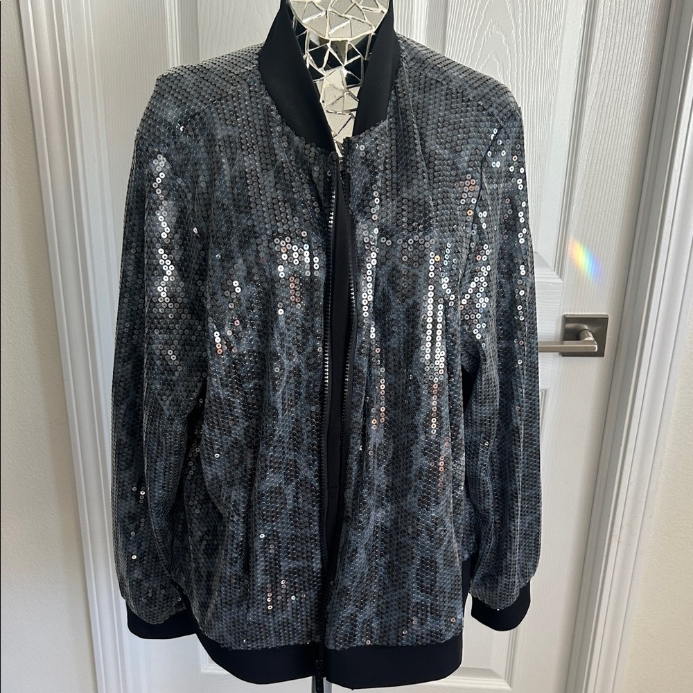 Bob Mackie Wearable Art Leopard Print Sequin Bomber Jacket XL